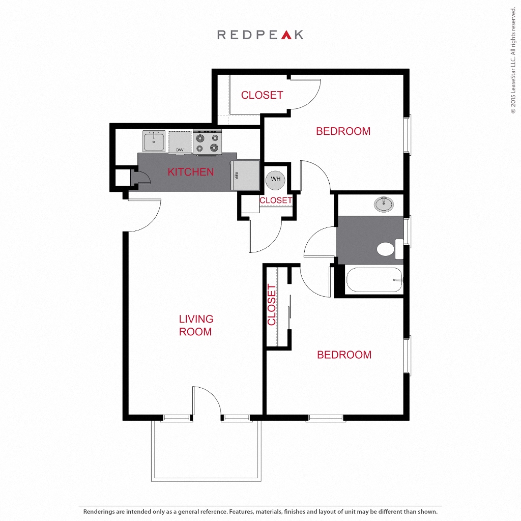 Floor plan for 2 beds, 1 bath, 852 sqft